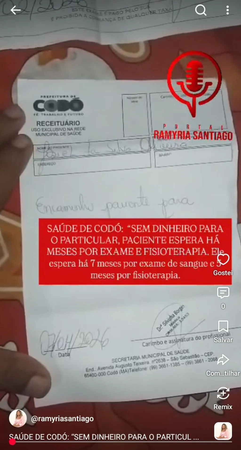 SAÚDE DE CODÓ: “SEM DINHEIRO PARA O PARTICULAR, PACIENTE ESPERA HÁ MESES POR EXAME E FISIOTERAPIA. Ele espera há 7 meses por exame de sangue e 5 meses por fisioterapia"
