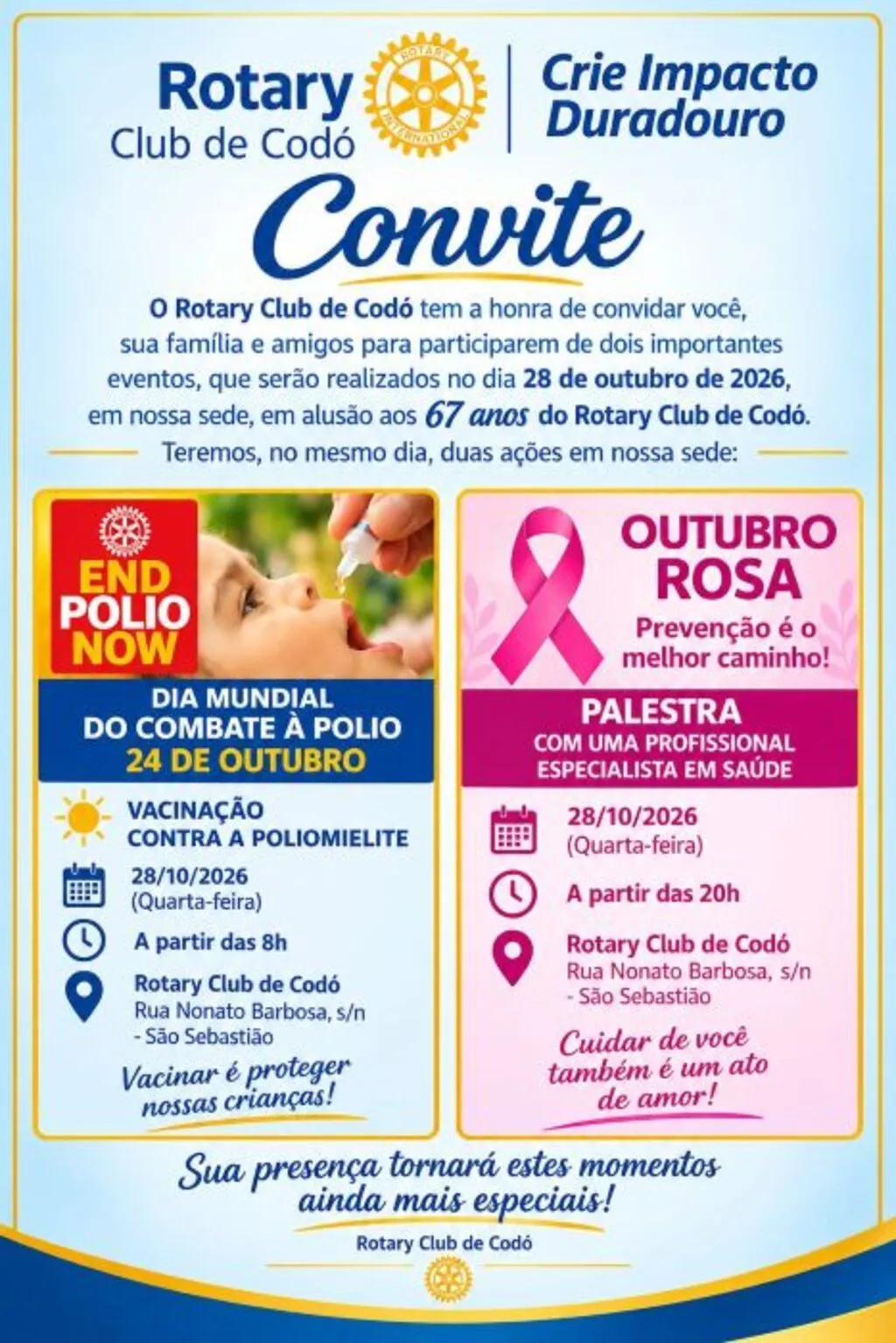 Rotary Club de Codó celebra 67 anos com ações de combate à pólio e palestra do Outubro Rosa