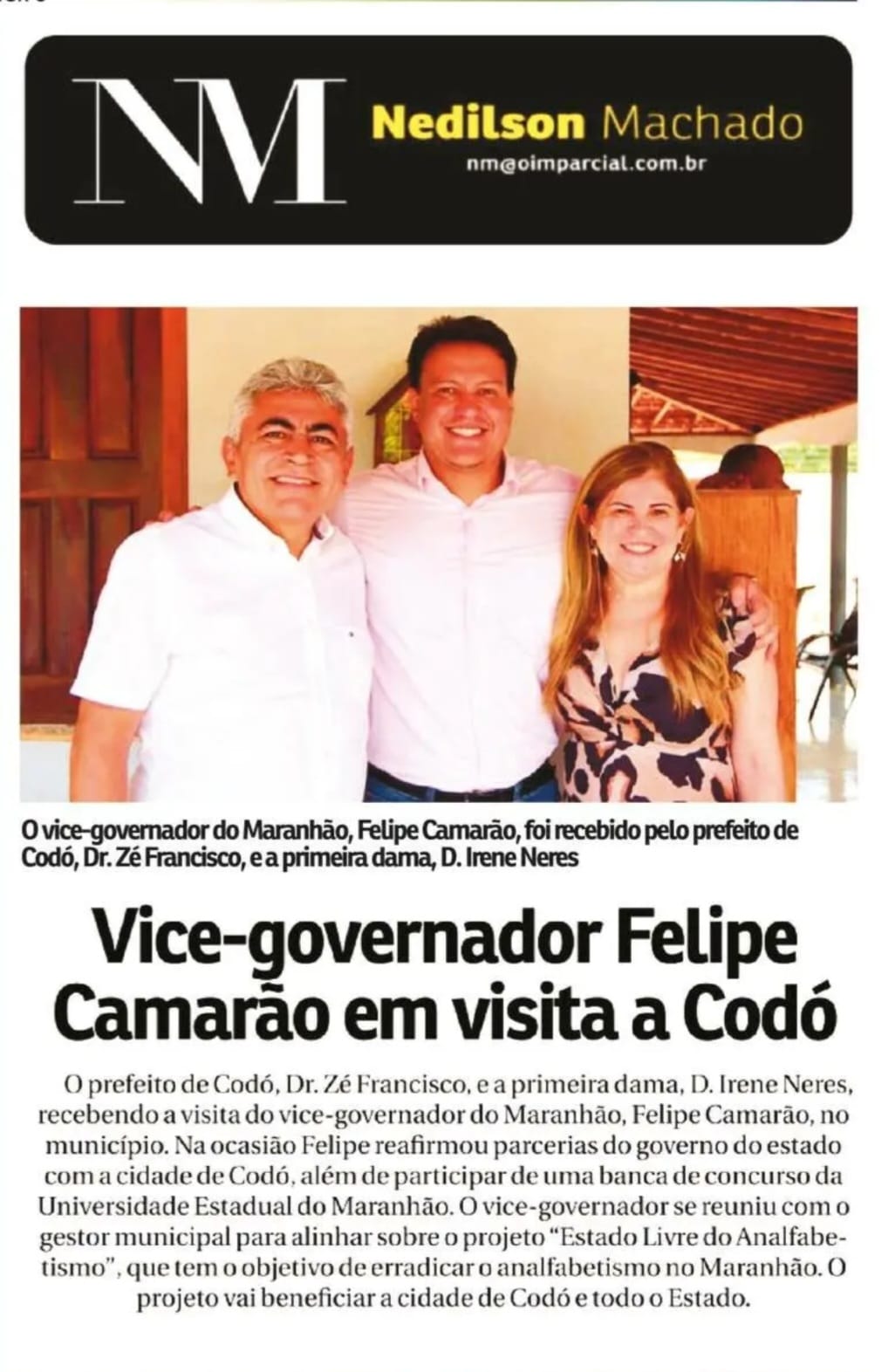 Visita do vice-governador, Felipe Camarão a cidade de Codó é destaque no jornal O Imparcial
