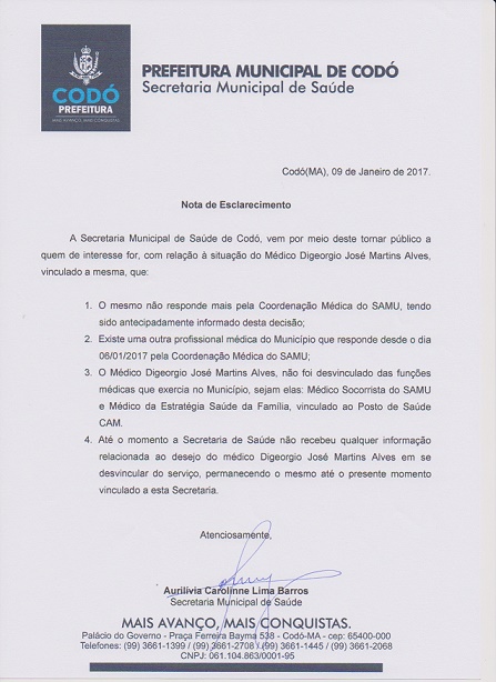 SECRETARIA DE SAÚDE EMITE NOTA SOBRE DEMISSÃO DE DR. DIGEÓRGIO DO SAMU