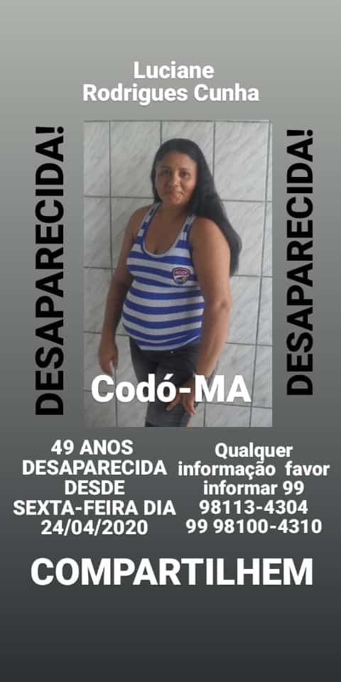 MULHER ESTÁ DESAPARECIDA EM CODÓ. QUALQUER INFORMAÇAO ENTRAR EM CONTATO